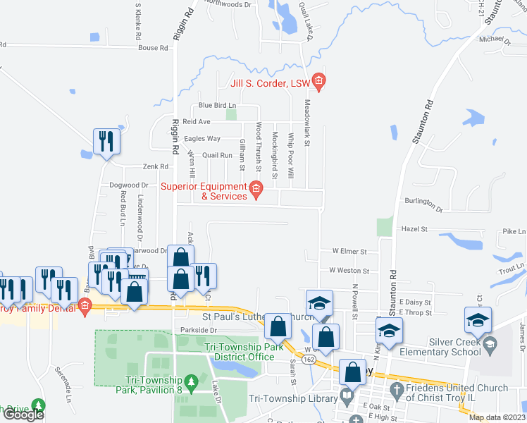 map of restaurants, bars, coffee shops, grocery stores, and more near 444 Orchard Court in Troy