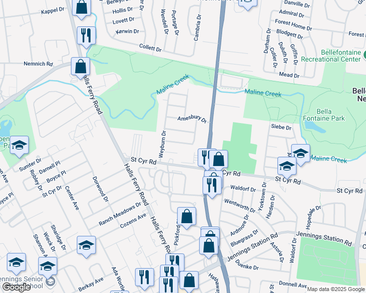map of restaurants, bars, coffee shops, grocery stores, and more near 2436 Netherwood Drive in St. Louis