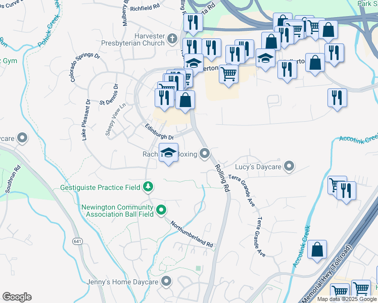 map of restaurants, bars, coffee shops, grocery stores, and more near 8109 Overton Court in Springfield
