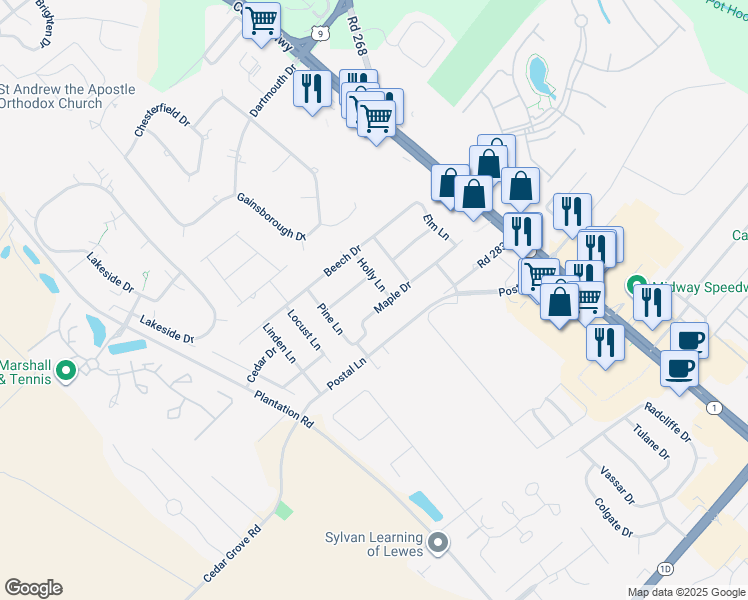 map of restaurants, bars, coffee shops, grocery stores, and more near 18249 Holly Lane in Lewes