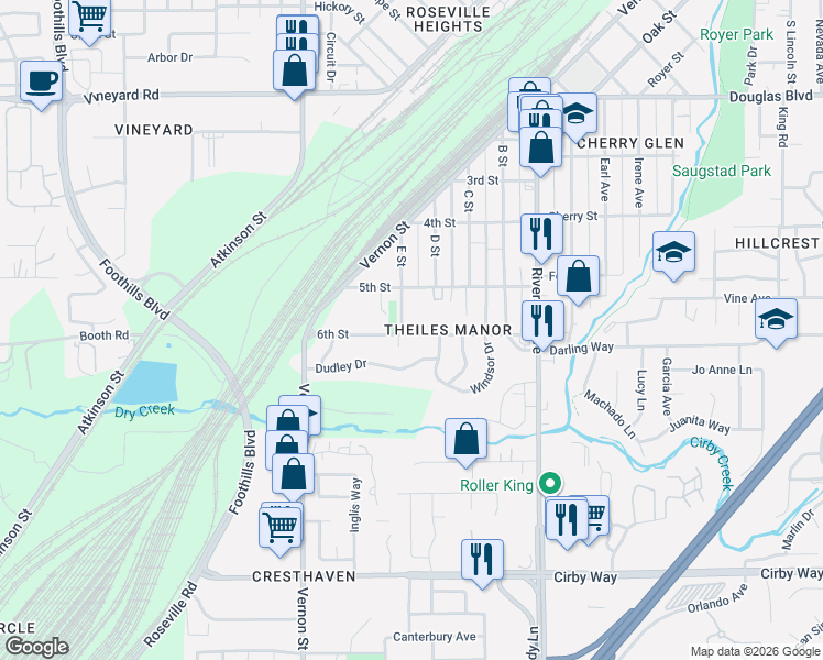map of restaurants, bars, coffee shops, grocery stores, and more near 504 E Street in Roseville