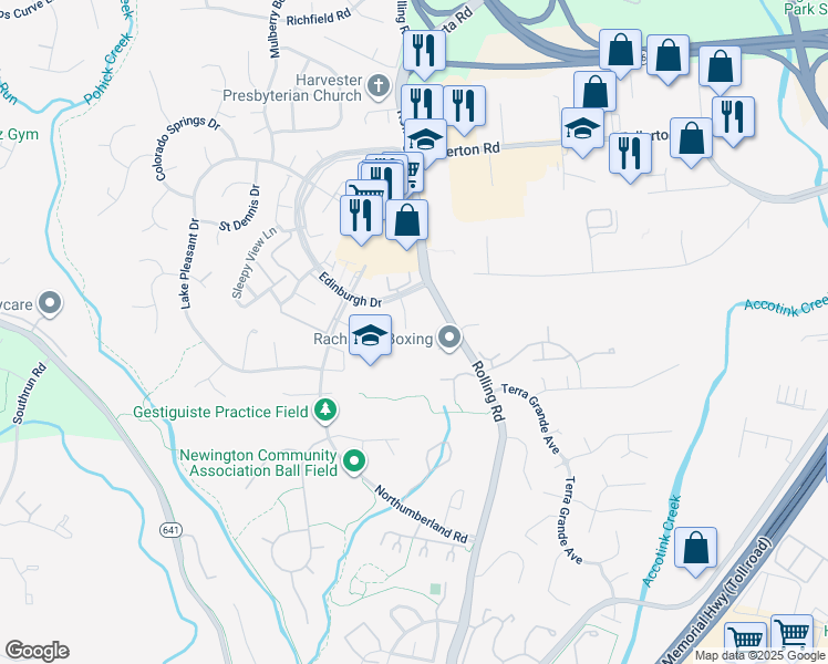 map of restaurants, bars, coffee shops, grocery stores, and more near 8109 Overton Court in Springfield
