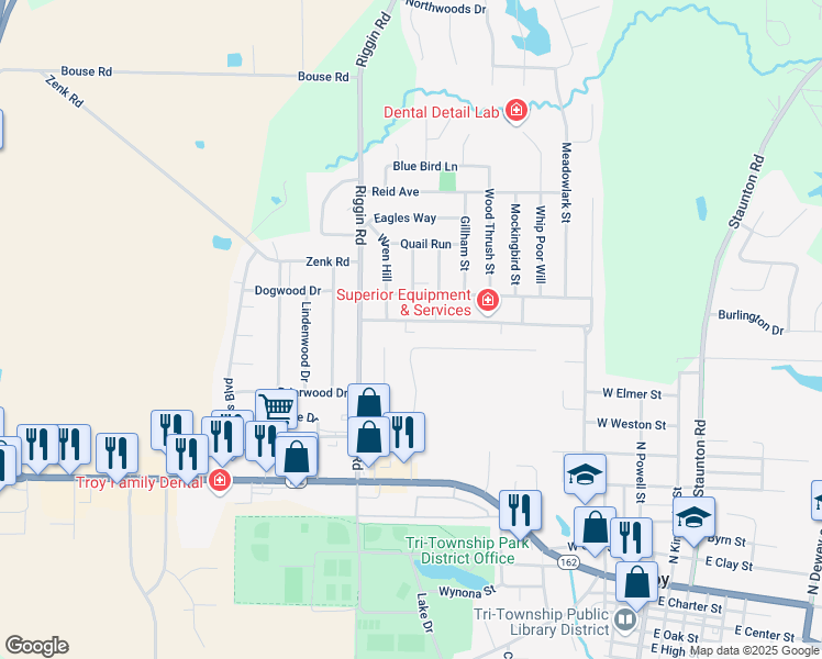 map of restaurants, bars, coffee shops, grocery stores, and more near 426 Red Bird Street in Troy