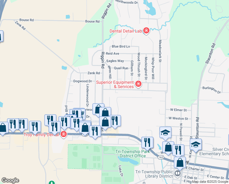 map of restaurants, bars, coffee shops, grocery stores, and more near 502 Wren Hill in Troy