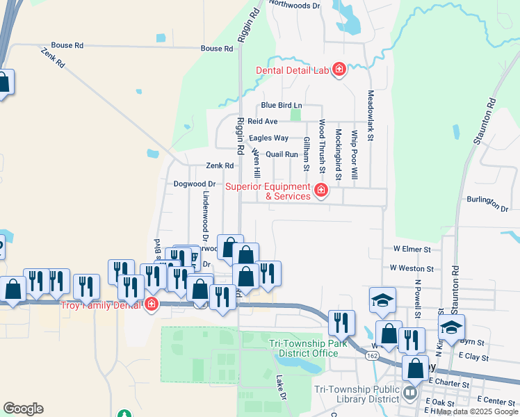 map of restaurants, bars, coffee shops, grocery stores, and more near 502 Wren Hill in Troy