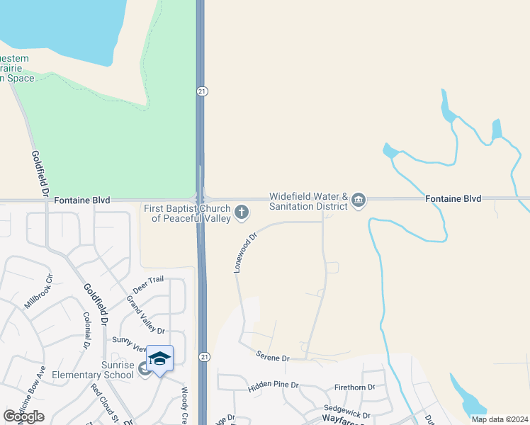 map of restaurants, bars, coffee shops, grocery stores, and more near 6580 Lonewood Drive in Colorado Springs