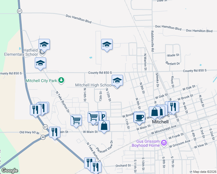 map of restaurants, bars, coffee shops, grocery stores, and more near 1010 West Bishop Boulevard in Mitchell