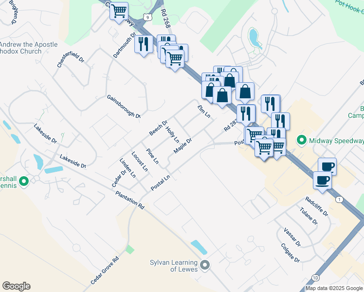 map of restaurants, bars, coffee shops, grocery stores, and more near 31687 Maple Drive in Lewes