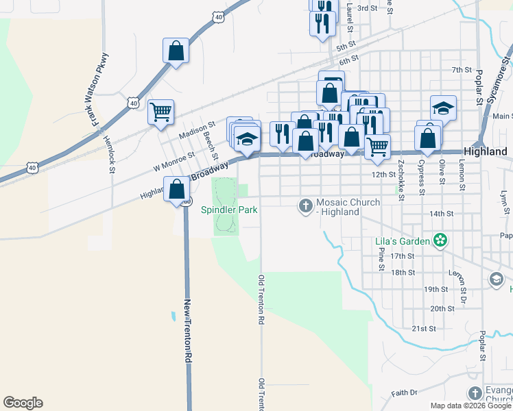 map of restaurants, bars, coffee shops, grocery stores, and more near 503 13th Street in Highland