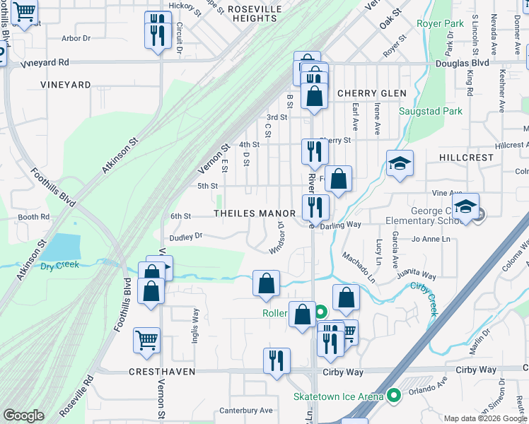 map of restaurants, bars, coffee shops, grocery stores, and more near 205 Lualan Lane in Roseville