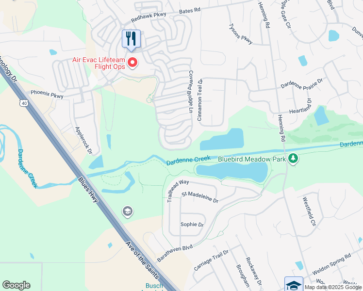 map of restaurants, bars, coffee shops, grocery stores, and more near 416 Covered Bridge Lane in O'Fallon