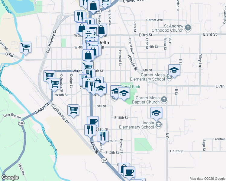 map of restaurants, bars, coffee shops, grocery stores, and more near 319 East 7th Street in Delta