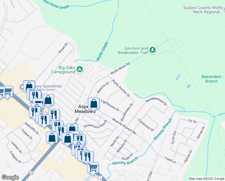 map of restaurants, bars, coffee shops, grocery stores, and more near 7 Rusty Anchor Drive in Rehoboth Beach