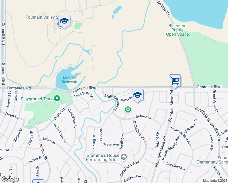 map of restaurants, bars, coffee shops, grocery stores, and more near 6525 Snowshoe Trail in Colorado Springs