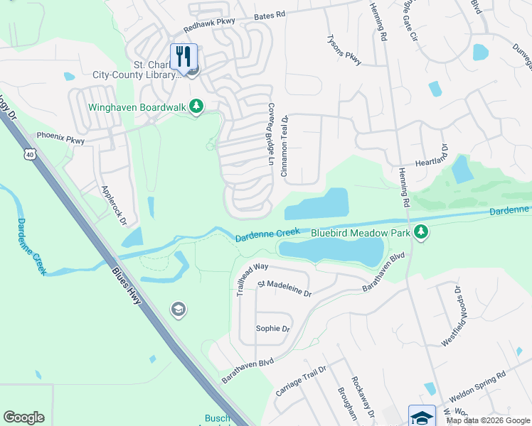 map of restaurants, bars, coffee shops, grocery stores, and more near 410 Covered Bridge Lane in O'Fallon