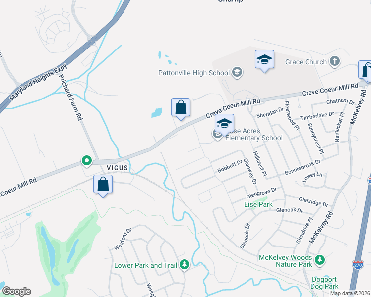 map of restaurants, bars, coffee shops, grocery stores, and more near 2366 Creve Coeur Mill Road in Maryland Heights