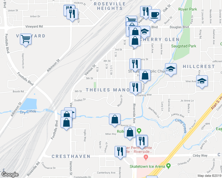 map of restaurants, bars, coffee shops, grocery stores, and more near in Roseville