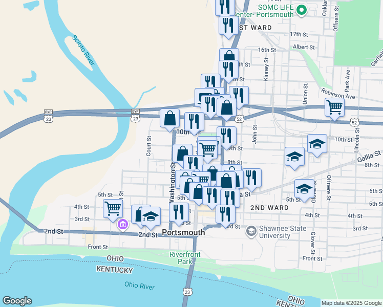 map of restaurants, bars, coffee shops, grocery stores, and more near 907 U.S. 23 in Portsmouth
