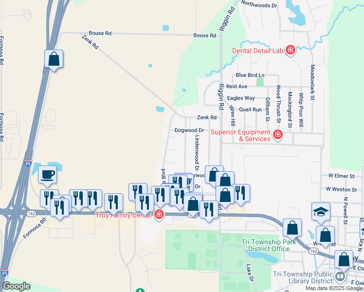 map of restaurants, bars, coffee shops, grocery stores, and more near 504 Red Bud Lane in Troy