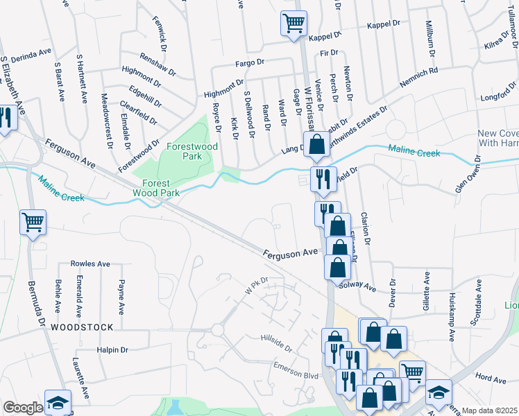 map of restaurants, bars, coffee shops, grocery stores, and more near 845 Ferguson Avenue in Ferguson