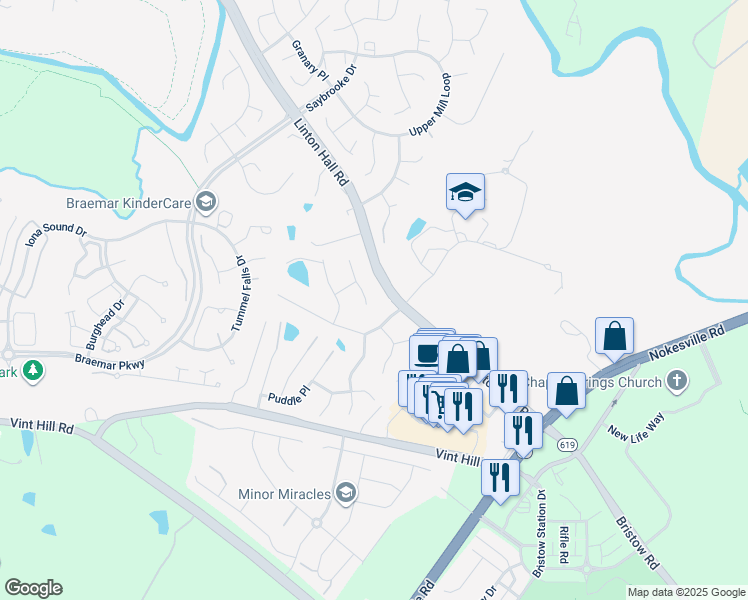 map of restaurants, bars, coffee shops, grocery stores, and more near 10133 Crashing Thunder Place in Nokesville