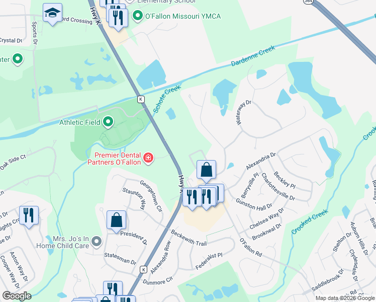 map of restaurants, bars, coffee shops, grocery stores, and more near 1750 O'Fallon Road in St. Charles