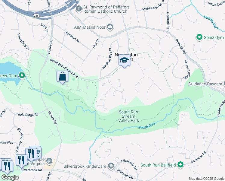 map of restaurants, bars, coffee shops, grocery stores, and more near 8150 Dark Den Circle in Springfield