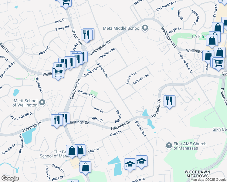 map of restaurants, bars, coffee shops, grocery stores, and more near 10106 South Grant Avenue in Manassas
