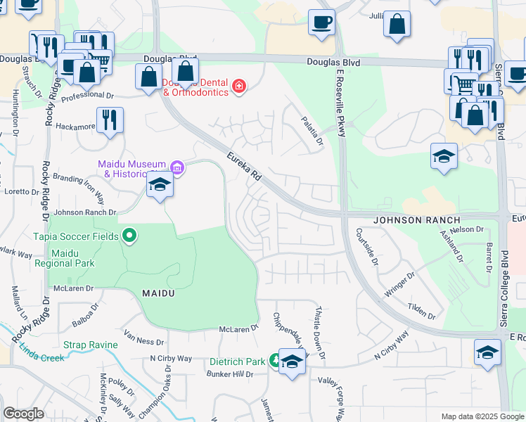 map of restaurants, bars, coffee shops, grocery stores, and more near 2023 Fernwood Circle in Roseville