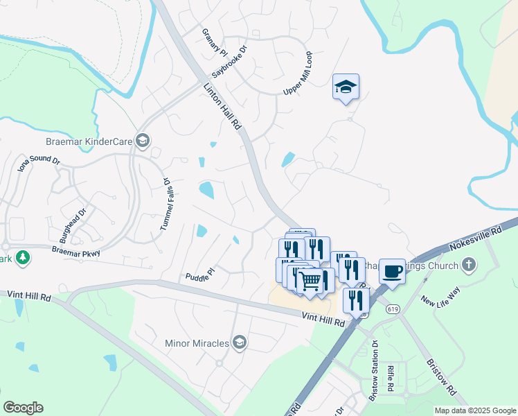 map of restaurants, bars, coffee shops, grocery stores, and more near 10133 Crashing Thunder Place in Nokesville
