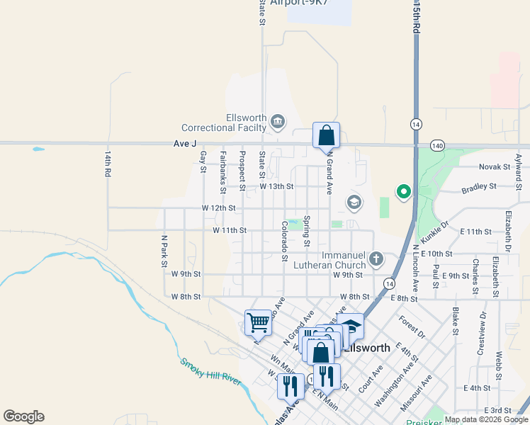 map of restaurants, bars, coffee shops, grocery stores, and more near 601-699 W 12th St in Ellsworth
