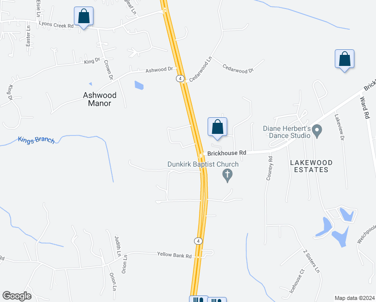 map of restaurants, bars, coffee shops, grocery stores, and more near 11456 Southern Maryland Boulevard in Dunkirk