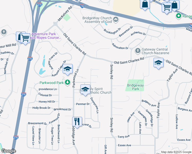 map of restaurants, bars, coffee shops, grocery stores, and more near 11672 Celestial Drive in Maryland Heights