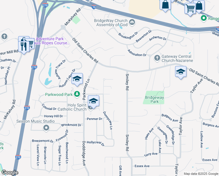 map of restaurants, bars, coffee shops, grocery stores, and more near 11672 Celestial Drive in Maryland Heights