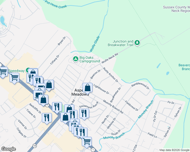 map of restaurants, bars, coffee shops, grocery stores, and more near 12 Beacon Drive in Rehoboth Beach