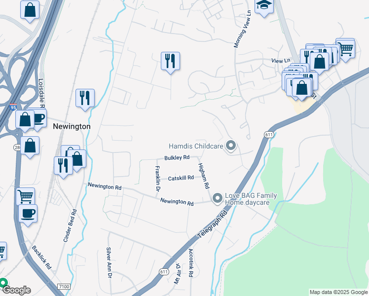 map of restaurants, bars, coffee shops, grocery stores, and more near 6716 Bulkley Road in Lorton
