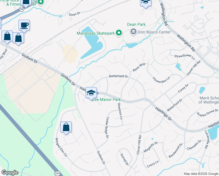 map of restaurants, bars, coffee shops, grocery stores, and more near 9539 Justin Lane in Manassas