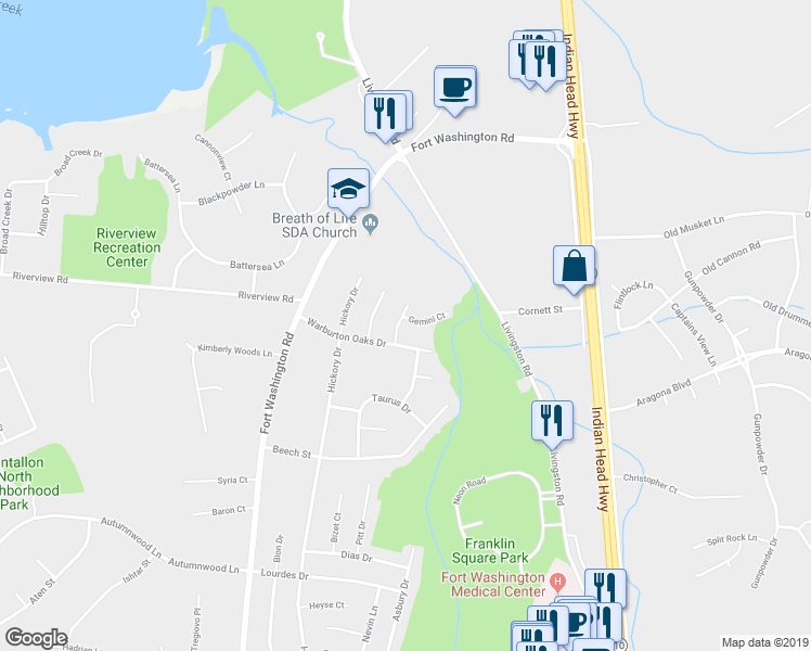 map of restaurants, bars, coffee shops, grocery stores, and more near 11510 Gemini Lane in Fort Washington