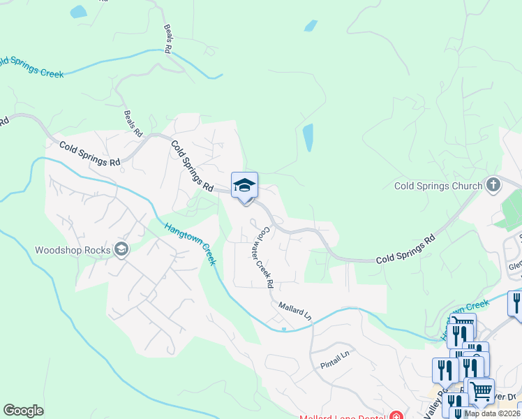 map of restaurants, bars, coffee shops, grocery stores, and more near 2225 Cold Springs Road in Placerville