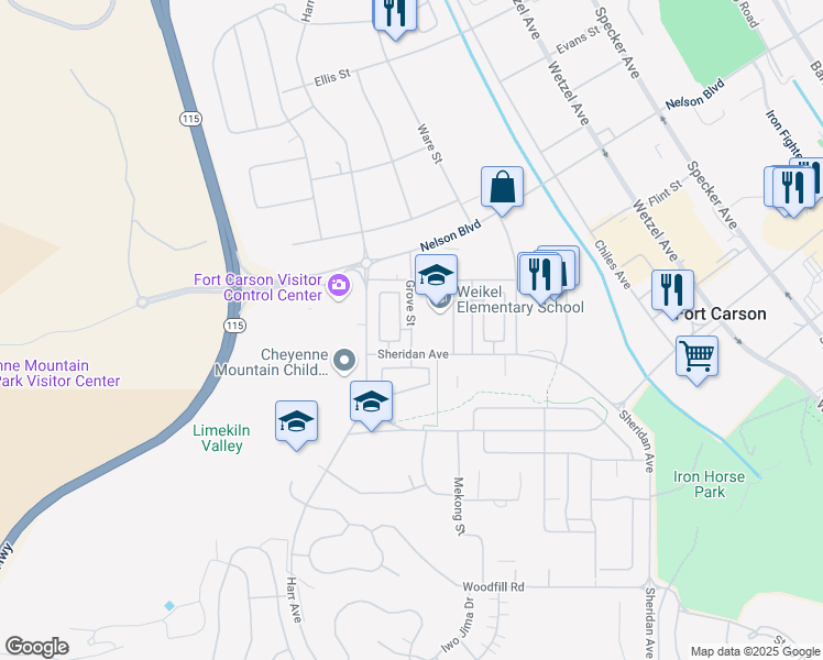 map of restaurants, bars, coffee shops, grocery stores, and more near Grove Street in Fort Carson