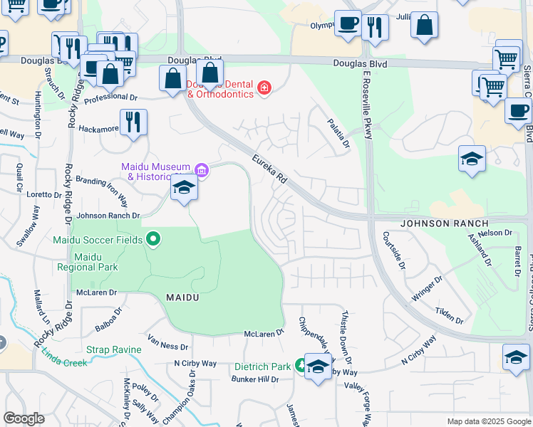 map of restaurants, bars, coffee shops, grocery stores, and more near 1642 Ashford Drive in Roseville