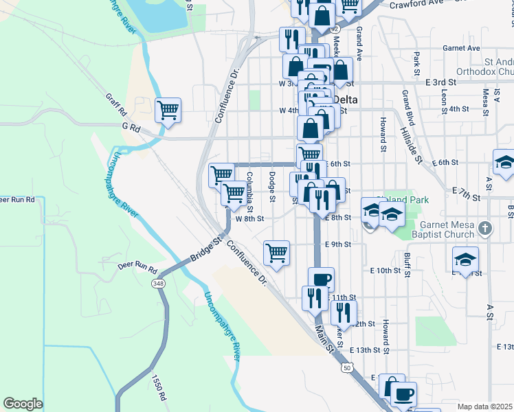 map of restaurants, bars, coffee shops, grocery stores, and more near 735 Columbia Street in Delta