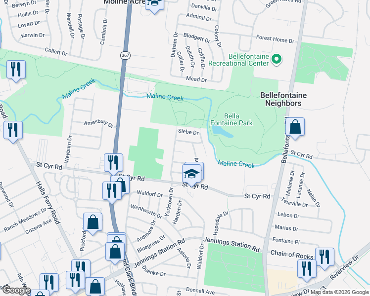 map of restaurants, bars, coffee shops, grocery stores, and more near 1159 Angeline Drive in St. Louis