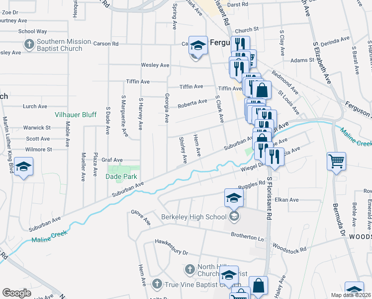 map of restaurants, bars, coffee shops, grocery stores, and more near 410 Shirley Avenue in Ferguson