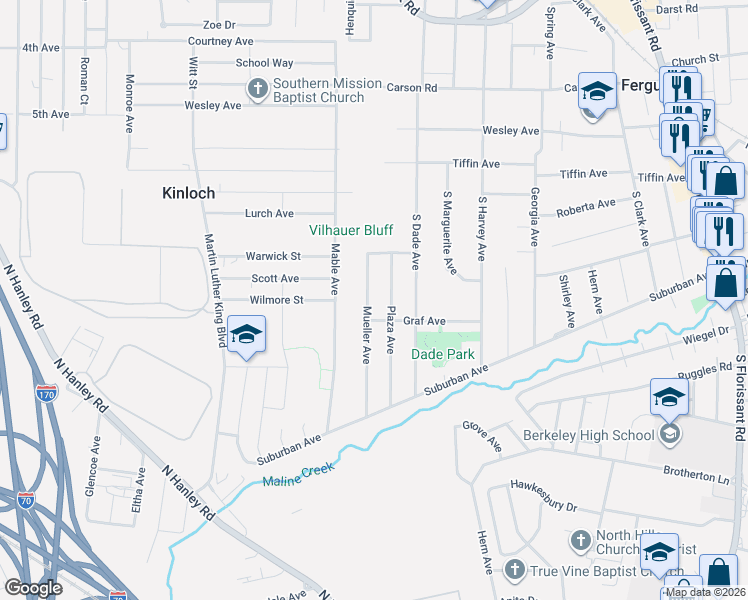 map of restaurants, bars, coffee shops, grocery stores, and more near 329 Mueller Avenue in Ferguson