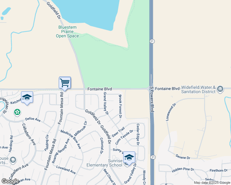 map of restaurants, bars, coffee shops, grocery stores, and more near 6555 Brook Forest Drive in Colorado Springs