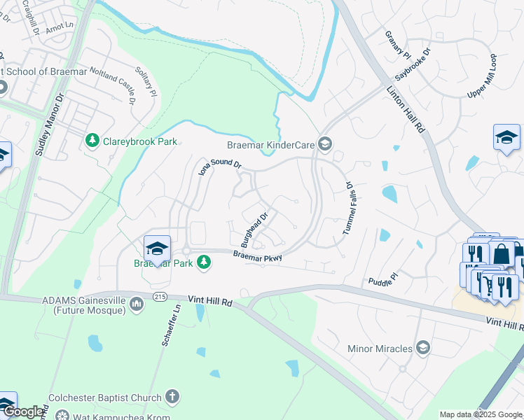 map of restaurants, bars, coffee shops, grocery stores, and more near 12511 Selkirk Circle in Bristow