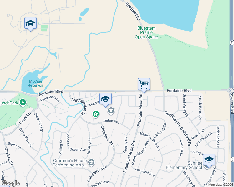 map of restaurants, bars, coffee shops, grocery stores, and more near 6988 Ketchum Drive in Colorado Springs