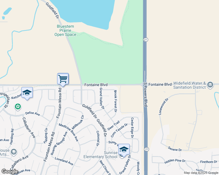 map of restaurants, bars, coffee shops, grocery stores, and more near 6555 Brook Forest Drive in Colorado Springs