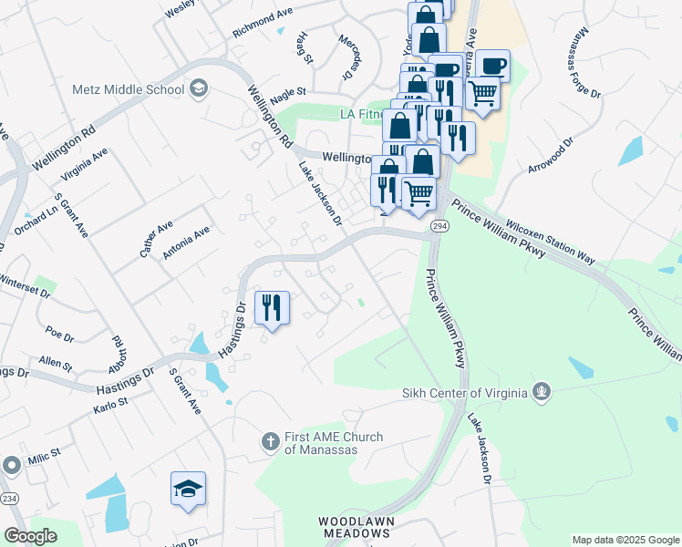 map of restaurants, bars, coffee shops, grocery stores, and more near 10211 Racquet Circle in Manassas